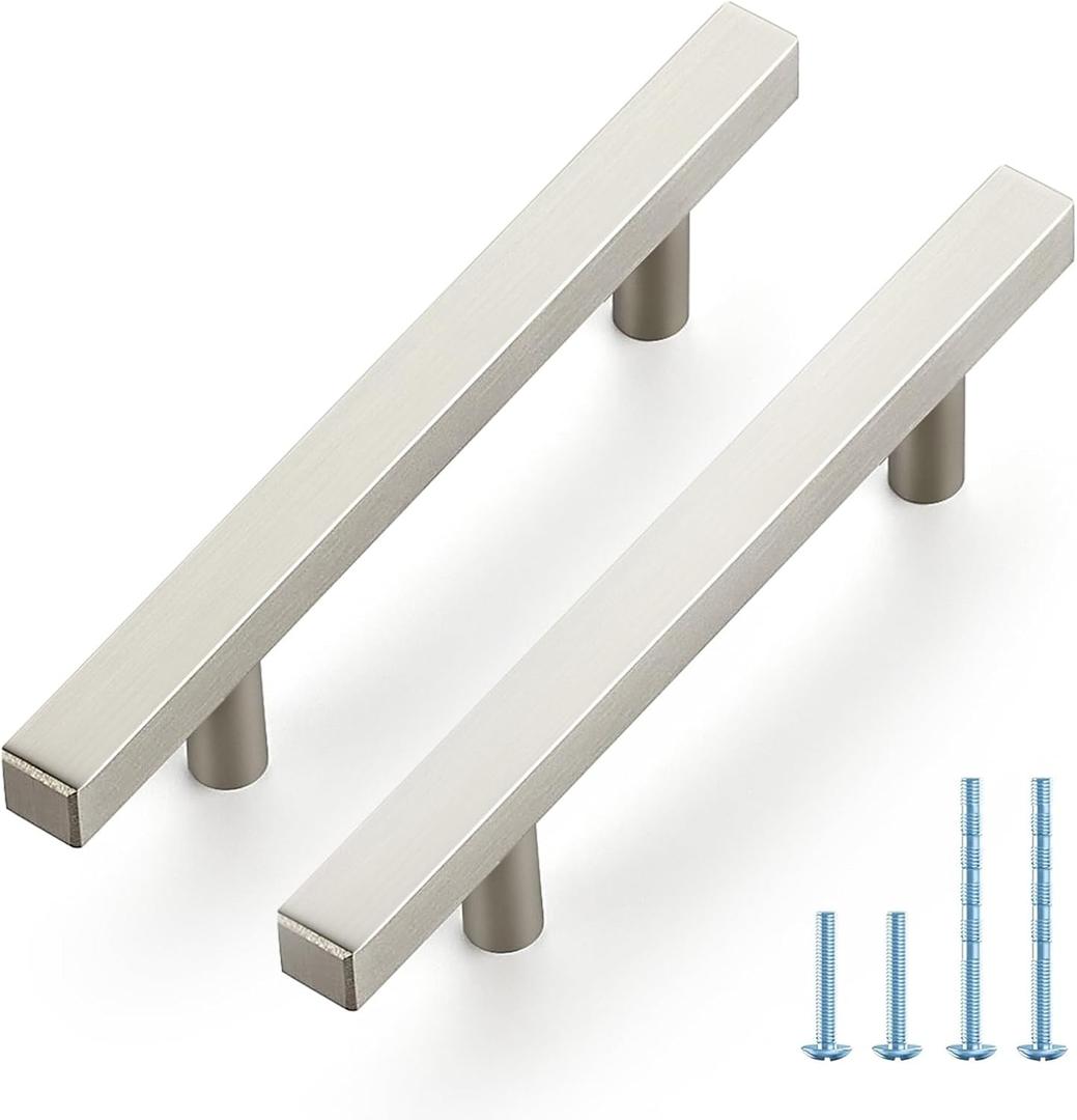 JOY DECOR 10 Pack 3-1/2 Inch Brushed Nickel Square Cabinet Handles Stainless Steel Cabinet Hardware Pulls for Kitchen and Drawers with 6 Inch Overall Length