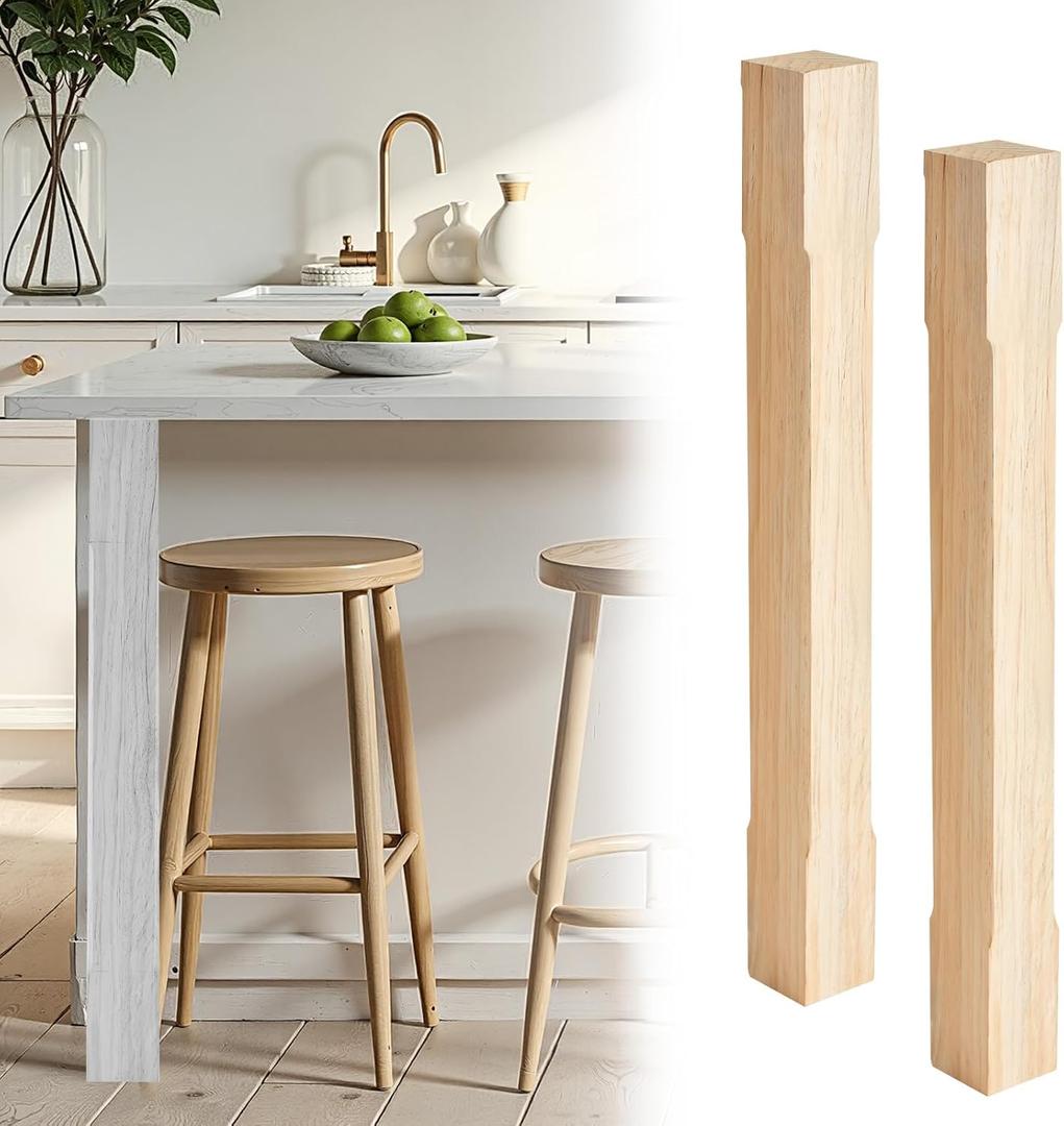 CroBlissful 2 Pack Unfinished Solid Wood Island Legs, 34 1/2'' H x 3 1/2'' W Wood Table Legs, Furniture Replacement Feet for Dining Table Desks Kitchen Counter