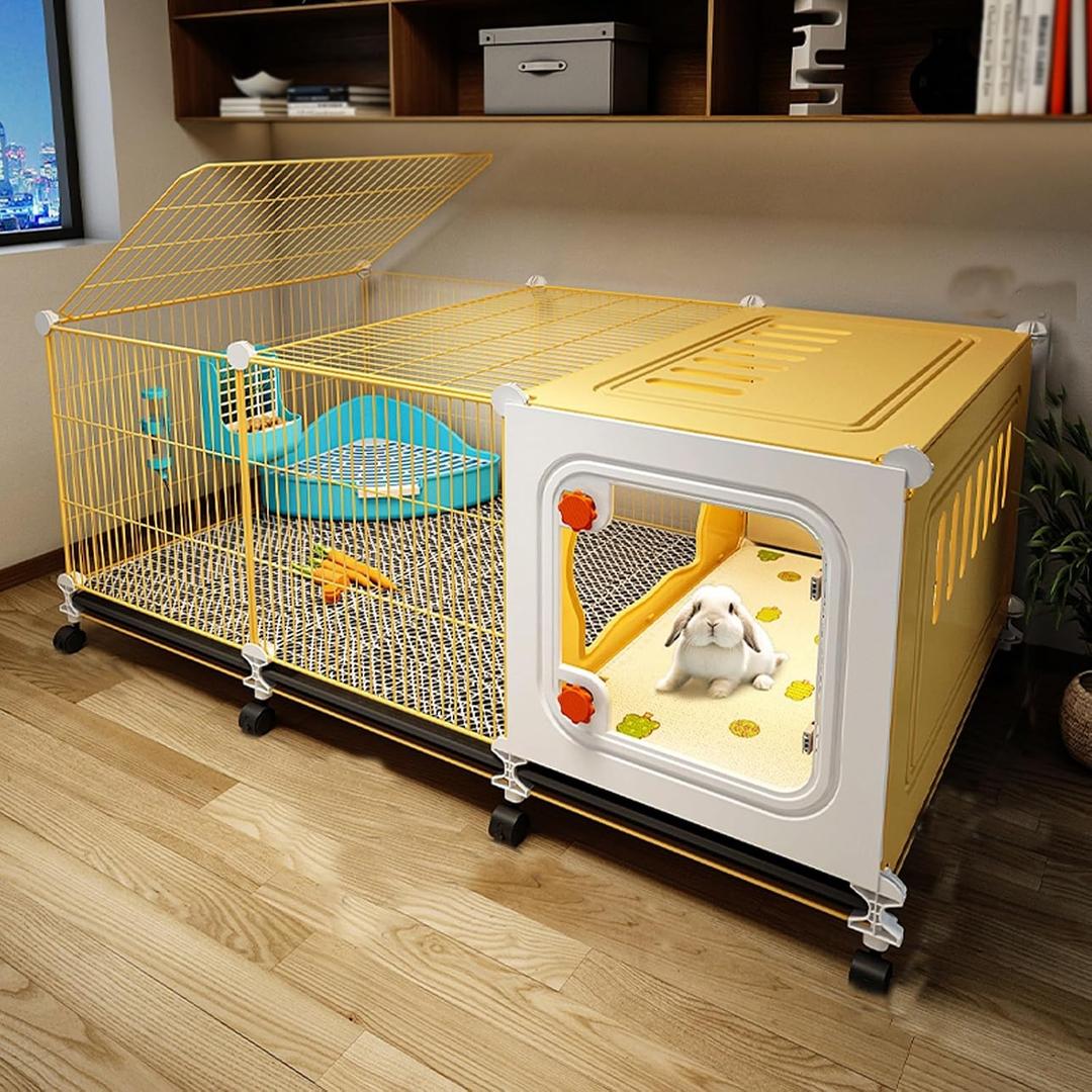 Rabbit Hutch Outdoor with Wheels for 2 Rabbits, Rabbit House with Play Pen with Several Accessories, Indoor Portable Metal Wire Yard Fence (37x16x47 cm)