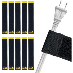 Selfie Straps by Wrap-It Storage, 9-inch (10-Pack), Black - Stretchy Hook and Loop Cord Organizer that Stays Attached to Cord for Electrical Cable Management and Organization