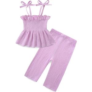 Toddler Girl Summer Clothes Solid Color Sweet Camisole Ruffle 2-Piece Infant Cotton Linen Pants Set 9-12M