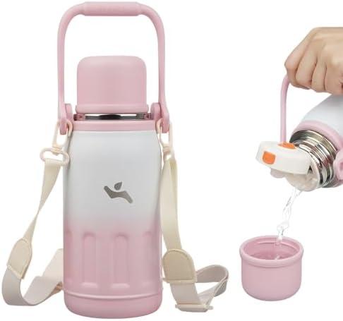 Insulated Water Bottle with Handle and Strap,Vacuum Travel Tumbler with Cup Lid,Thermo Coffee Cup for Hot Cold Drinks 27 OZ,Pink Pearl