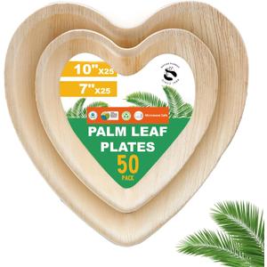 7-Inch & 10-Inch Disposable Palm Leaf Bundled Plates [50 Pack] Premium Food-Grade Durable Compostable Plates, Ideal For Lunch, Dinner, Weddings, Parties, Camping, And Catering Events [Heart-Shaped]