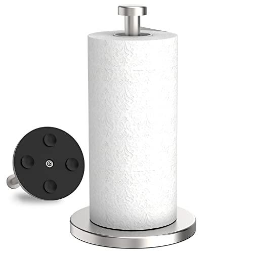 VEHHE Paper Towel Holder Countertop, Stainless Steel Paper Towel Holder Stand with Weighted Base Suction Cups, Standing Paper Towel Roll Holder for Kitchen Bathroom (Silver)