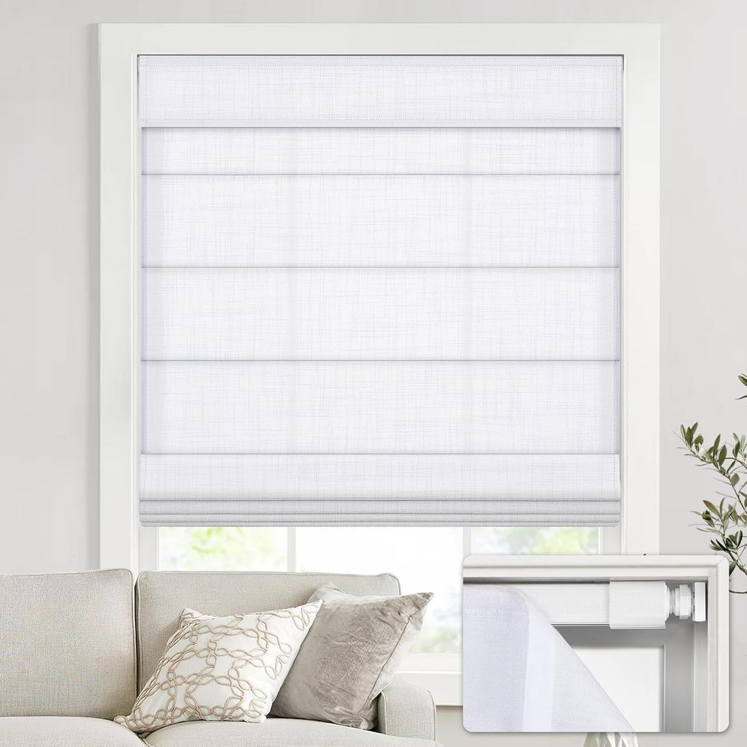 UNISHADES no Drill Cordless Roman Shades for Windows, 26" W × 64" H - Light Filtering - Linen - White