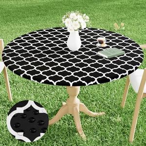 Smiry Round Picnic Tablecloth, Waterproof Elastic Fitted Table Covers for 31" - 35" Tables, Wipeable Flannel Backed Vinyl Tablecloths for Camping, Indoor, Outdoor, Black & White