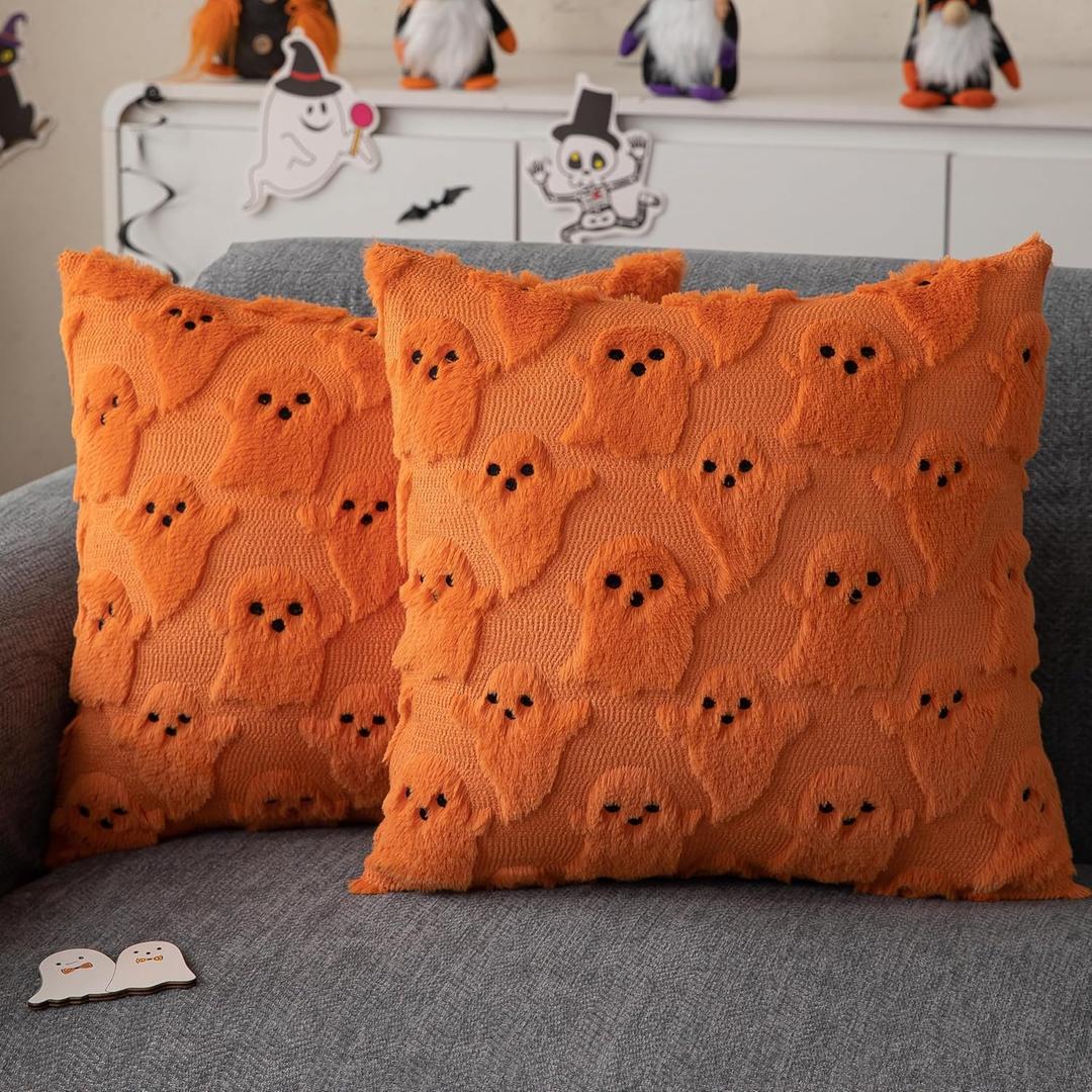 JXZYGMD Halloween Pillow Cover 18x18 Set of 2 Orange Ghost Pillow Covers Soft Plush Throw Pillows for Sofa Halloween Home Decor,  Orange, 18" x 18" (Pack of 2)