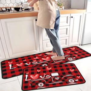 Buffalo Plaid Valentine's Day Kitchen Rugs Set of 2, Red Truck Love Heart Decorative Non-Slip Mats Seasonal Holiday Wedding Party Profile Floor Mat for Home Kitchen (17"x47"+17"x30", Color-100)