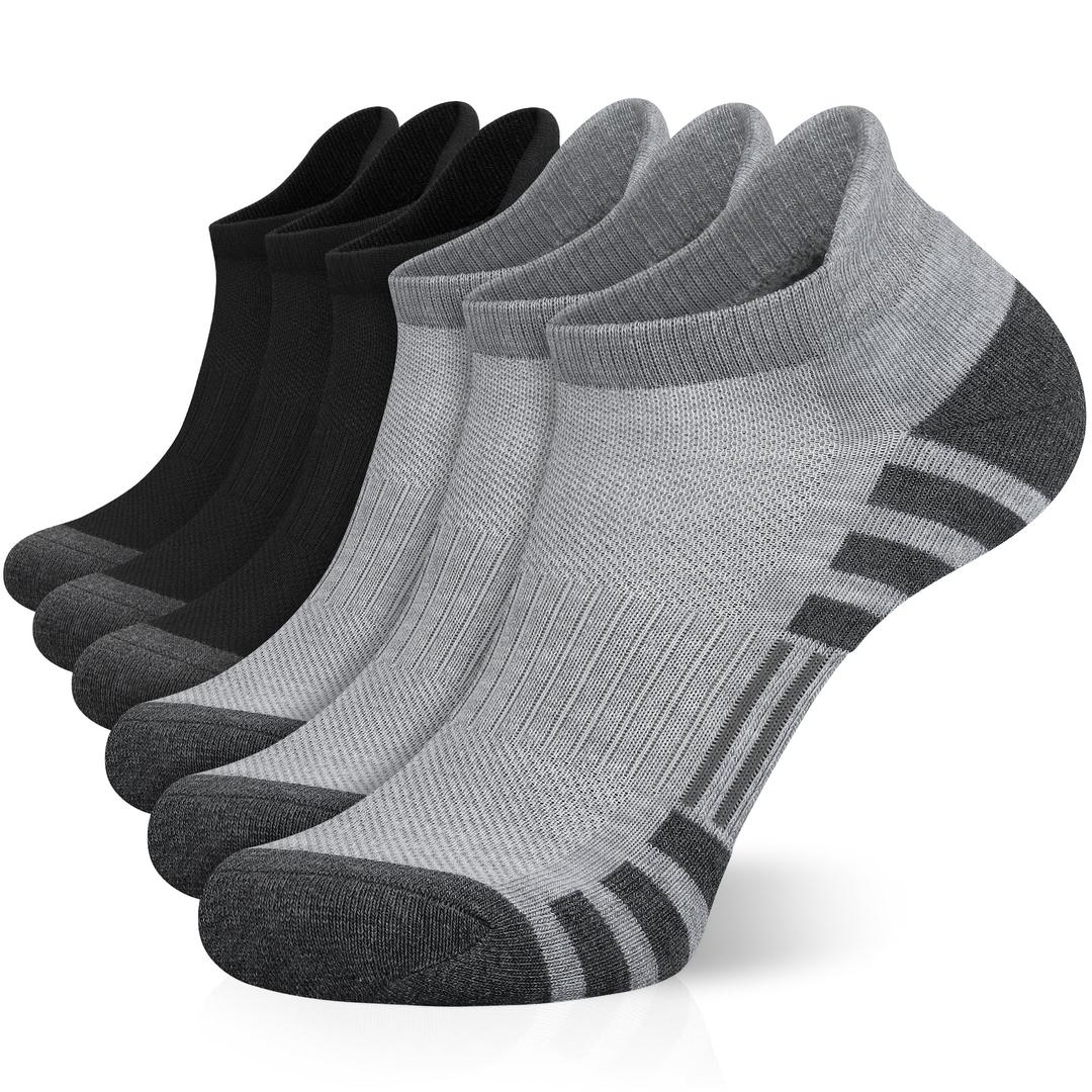 Airacker Ankle Athletic Running Socks Cushioned Breathable Low Cut Sports Tab Socks for Men and Women (6 Pairs), Size 9-12, Black & Grey