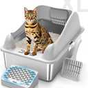 Stainless Steel Cat Litter Box with Lid, XL Extra Large Litter Box for Big Cats, High Sided Kitty Metal Pan with Pedal Filter and Scoop, Non-Sticky&Anti-Leakage Easy Cleaning Gray