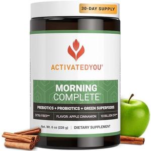 ACTIVATEDYOU Morning Complete Daily Wellness Greens Superfood Drink Mix for Gut Health w/Prebiotics, Probiotics, Antioxidants, Green Superfoods, 10 Billion CFUs, 30 Servings (Apple Cinnamon), Best Before 11/14/2024 
