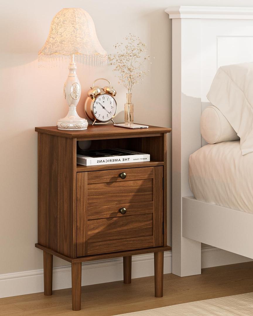 Nightstand, Boho Night Stand with 1 Drawer, Modern Side Accent Table with Open Shelf, Wooden Top Bedside End Table for Bedroom, Living Room, Walnut