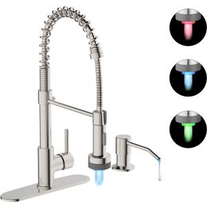 Kitchen Faucet with LED Light,Kitchen Faucet with Soap Dispenser,Faucet for Camper Farmhouse RV Kitchen Sink,Single Handle Stainless Steel Kitchen Sink Faucets with Pull Down Sprayer,Nickel Brushed
