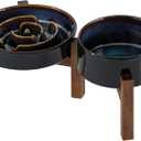 Ceramic 1.2 Cup Raised Slow Feeder Dog Bowl Set, Elevated 6.1inch Bowl and 7.3inch Dish with Acacia Wood Stand for Small and Medium Dog(2 x Starry Sky+ Stand)
