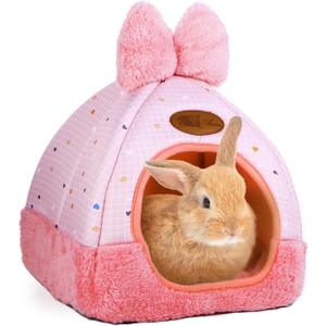 Bunny Bed Hideouts House Ferrets Rats Hedgehogs Chinchilla Cage Accessory for Rabbit Guinea Pig Hamster Cozy and Warm Rabbit Bed with Cute Bowknot Rabbits Hamster Bunny (Pink)