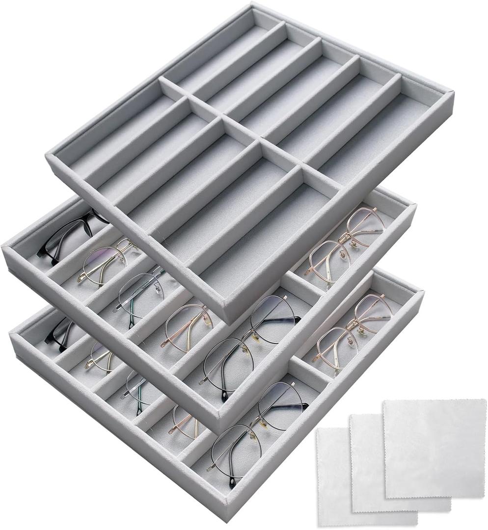 3 Pcs Sunglasses Organizer Storage Tray with 10 Grids Stackable Ice Velvet Holder Display with 10 Sunglasses Cleaning Cloth Eyewear and Watch Tray for Women (Gray)
