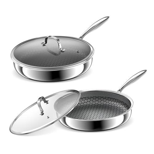 Hybrid Non Stick Frying Pans 2 Piece set, Stainless Steel Frying Pans with Tempered Glass Lid, 8" 10" 5 Ply Induction Cookware, Dishwasher-Friendly, Oven-Safe Up to 800°F, Compatible with All Cooktops