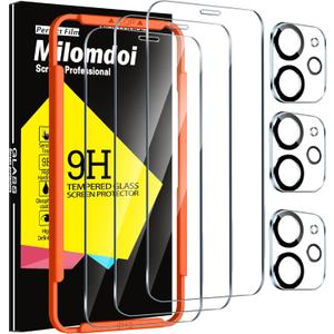 Milomdoi 3 Pack Screen Protector for Apple iPhone 12 with 3 Pack Tempered Glass Camera Lens Protector, Ultra 9H Accessories, Case Friendly, Mounting Frame, 2.5D Curved, Transparent