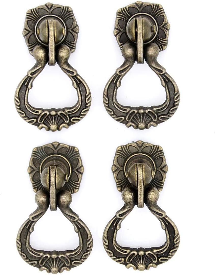 LXZ Set of 4 Vintage Antique Brass Pendant Ring Pulls Drop Handles Knobs with Single Mounting Hole for Drawer Cabinet Dresser Wardrobe Cupboard (Height 2-11/64", Width 1-29/64")