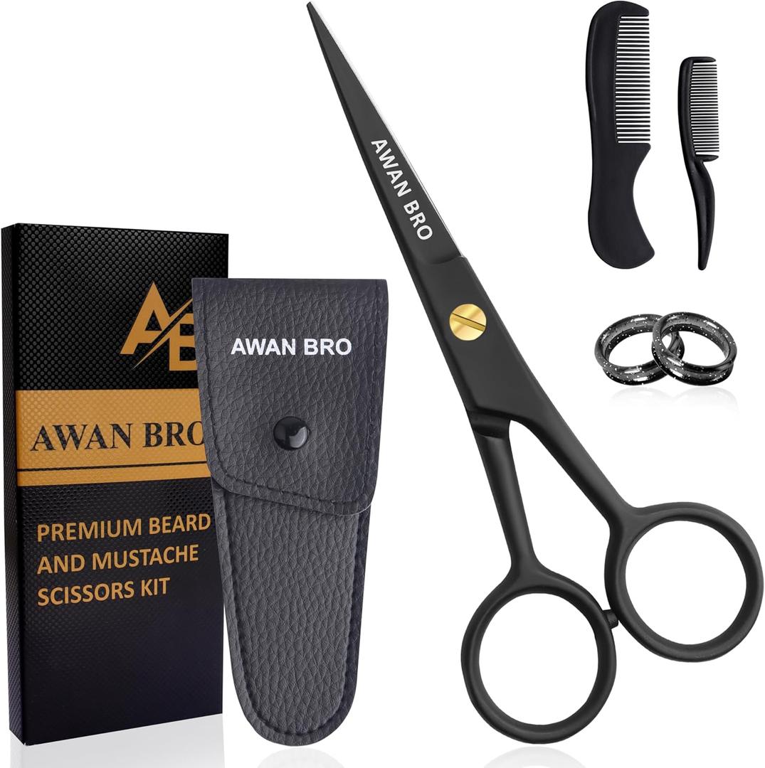 5" Professional Beard & Mustache Scissors Set with Beard Comb & Mustache Comb  Precision Grooming Beard Scissors for All type of Facial Hair, Perfect Beard Hair Scissors Kit with Travel Pouch