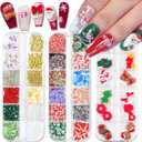 DANNEASY 3 Boxes Christmas Nail Charms Gold Soft Polymer Clay Slices 3D Beads Caviar Nail Pearls Flat-Back Nail Rhinestone Glass Crystal Resin Nail Studs Acrylic Nail Decoration Jewels