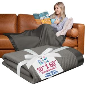 Adult Thermal Waffle Throw Blanket - Soft Lightweight Waffle Knit Design - Breathable Layer for Couch, Bed & Travel - Throw Blanket for Home & Living Room - 50" x 60" (Satin Trim, Gray)