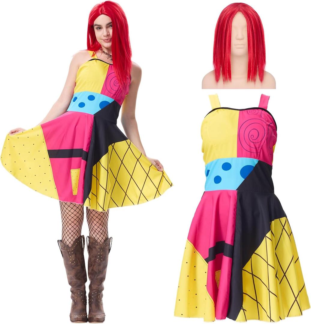 Sally Costume Women Adult Sally Dress Suspender with Wig Halloween Christmas Nnight Cosplay Outfit (Medium, Red)