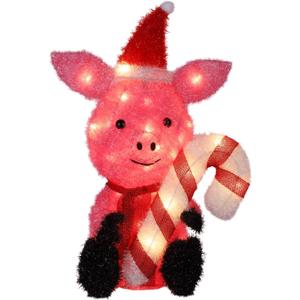 Prsildan Christmas Lighted Decoration 21" Pink Pig, 35 Lights 3D Pig with Christmas Hat & Candy Canes, Cute Decorations for Indoor Outdoor Home Kitchen Yard Garden Holiday Party