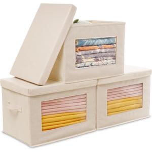 Anywish 3-Pack Large Storage Bins with Lids & Clear Window, Foldable Fabric Closet Organizer Boxes, Stackable Cube Baskets with Soft Handles for Clothes & Blankets, 17”, Beige