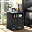 20-Inch Wide Modern Nightstand with Charging Station & Outlets, Bedside Table with 2 Drawers and Open Shelf, Sleek Design End Table for Bedroom and Office, Black (Single Piece)