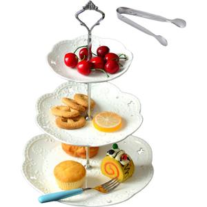 Cupcake Stand- Jusalpha 3-Tier White Porcelain Cake Stand Dessert Stand-Cupcake Stand-Tea Party Serving Platter, Comes in a Gift Box- Free Sugar Tong (10", Silver.)