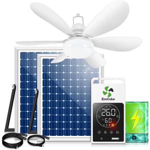 Solar Ceiling Fan with Battery and Smart Thermostat for Outside | 20" Solar Powered Canopy Fan, 2PCS Bifacial Panels, for Outdoor, Patio, Greenhouse, Chicken Coop, Adjustable Temp Control