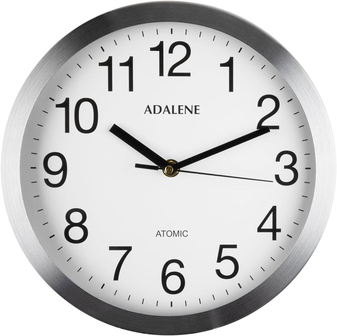 Adalene Modern Atomic Wall Clock Decorative - Automatically Sets Itself - Vintage Metal 10 Inch Large Wall Clocks Battery Operated for Office, Bedroom, Bathroom, Living Room Decor, Kitchen, Outdoor