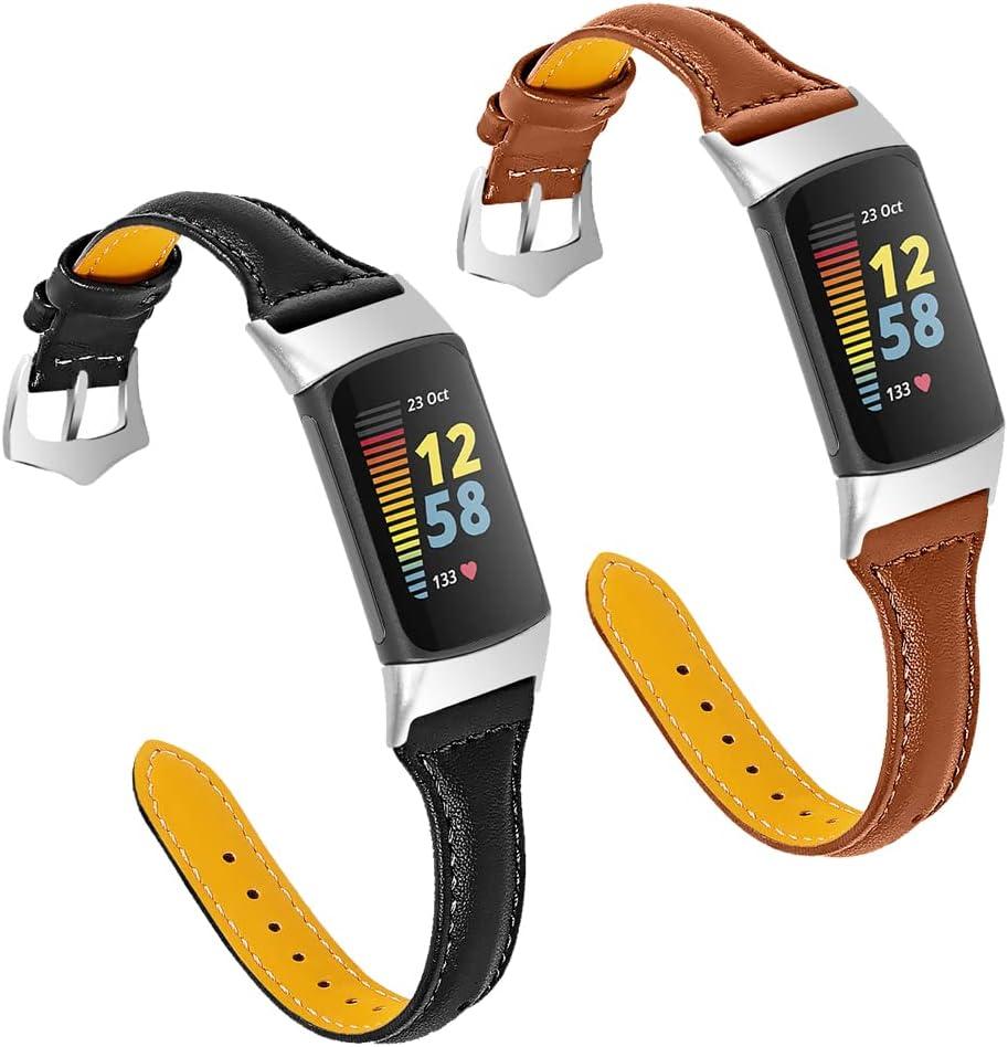 FitTurn [2 pack Compatible with Fitbit Charge 6/Charge 5 Bands Leather Narrow Luxury Genuine Leather Replacement Sport Wrist Strap Bracelet Men Women Band Accessories (Black+Brown)