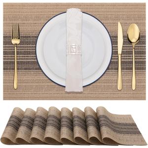 Winknowl Placemats Set of 8, Washable Vinyl Woven Placemats, Heat Resistant & Wipeable Table Mats for Kitchen Dining Table (Brown)