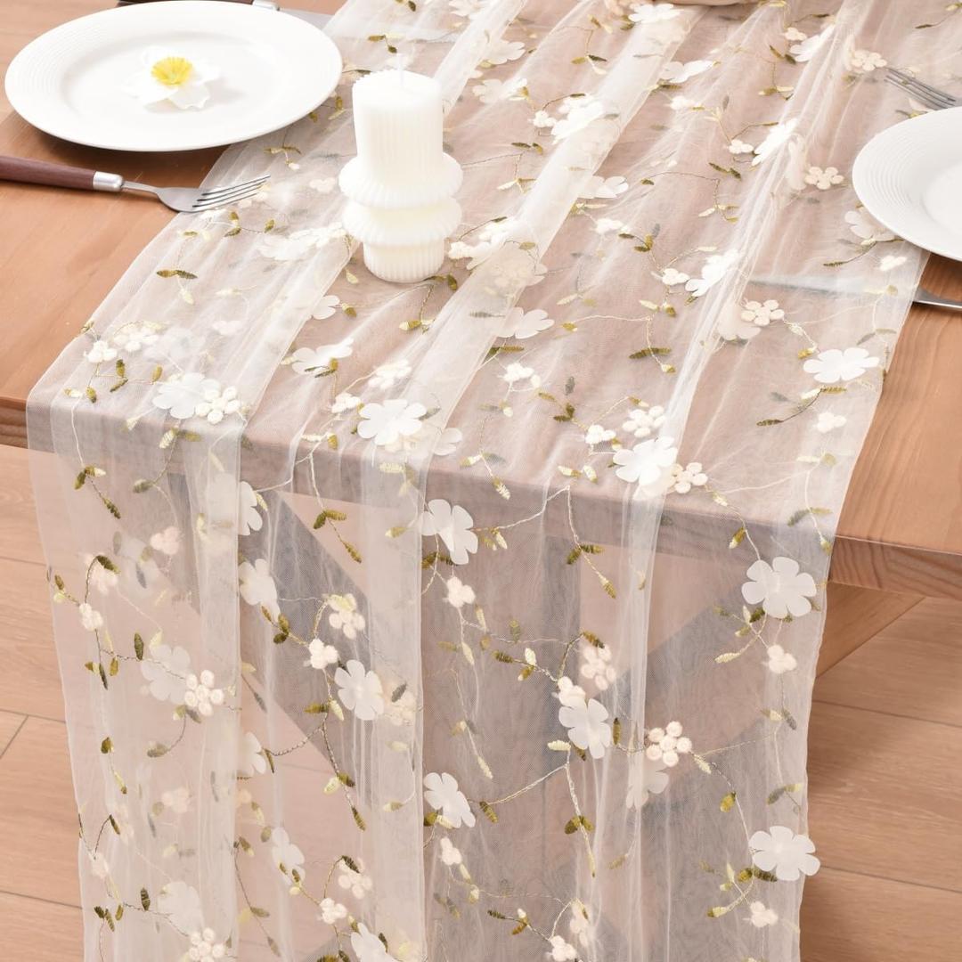 Beige Spring Summer Floral Table Runner Easter Embroidery Wildflower 10ft Gauze Seasonal Sheer Blossom Kitchen Dining Table Decoration for Home Birthday Party Baby Bridal Shower
