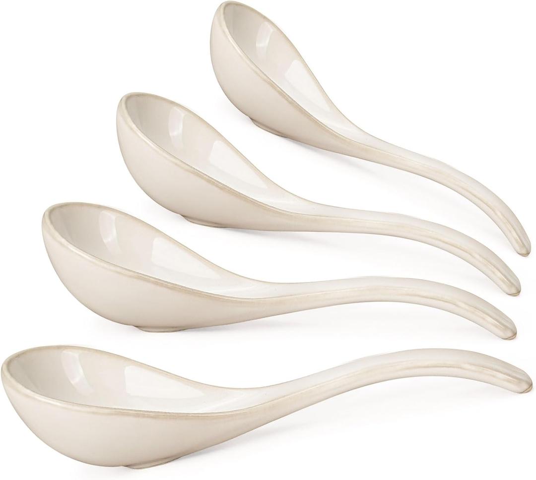 Artena Chinese Soup Spoons, Ceramic Asian Spoons with Deep Arc Anti-Roll Design, 6.85 Inch Set of 4, Perfect for Ramen, Pho, Wonton Soup as Japanese Soup Spoon, Korean Spoon (Creamy White)