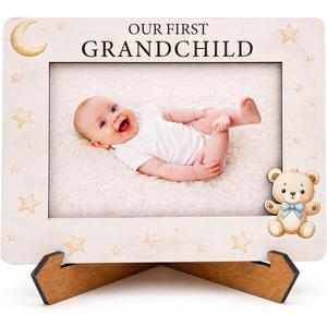 Our First Grandchild Wooden Photo Frame, New Grandparents Gifts First Time, Grandpa Fathers Day Gift Grandchildren Picture Frame Baby Keepsake with Stand, Tabletop Nursery Memory Decor
