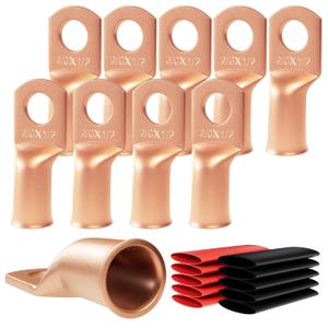 10pcs 2/0 Awg - 1/2" (M12) Sanuke Wire Lugs Ring Terminal Connectors Ends Heavy Duty for Battery Cable Lug Wire Electrical Eyelets with 3:1 Dual Wall Adhesive Heat Shrink (Bare Copper)