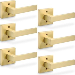 Linkaa Gold Door Lever Interior Dummy Lever Door Handle for Closet French DoorsNon-Turning Single Side Pull with Gold Finish,Square Door Pull(3 Pair(6 Handles),No Latch,Screws Includ
