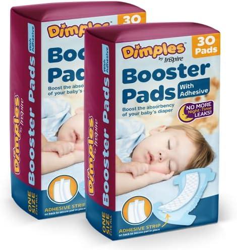 Dimples Booster Pads, Baby Diaper Doubler with Adhesive for Secure Fit | 1 Size Fits All Diapers | Boosts Absorbency No More leaks 60 Count