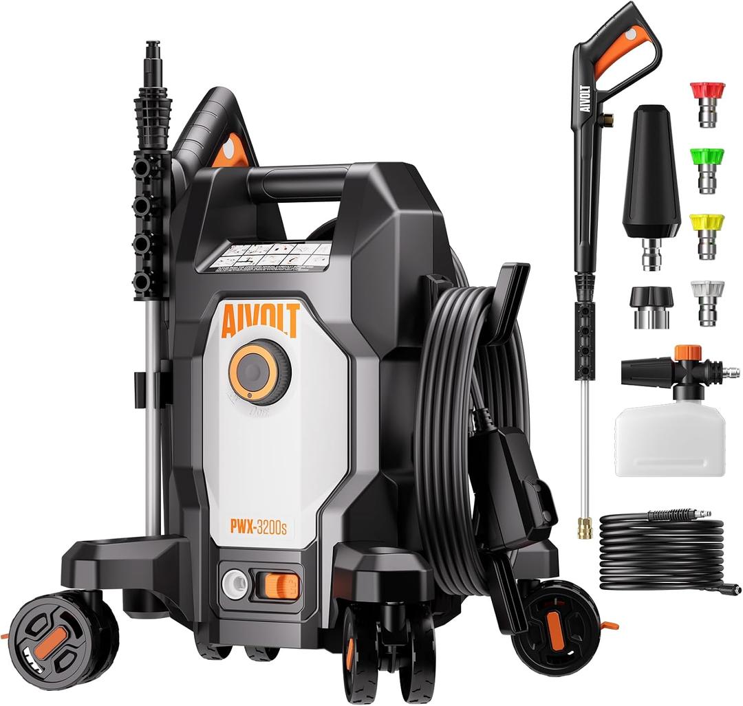 AIVOLT Electric Pressure Washer, Power Washer for Cars, Driveways & Patios
Anti-Tipping 4-Wheel Design, 5-Nozzle Set, Foam Cannon & Spray Gun, 25ft Hose & 36ft Cable, UL & CSA Certified