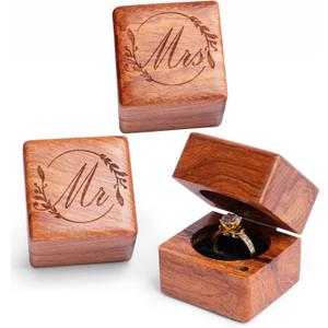 Mr & Mrs Ring Box Handmade Wood Ring Holder for Wedding Ceremony, Rustic Storage Box (Flower 2 PCs)