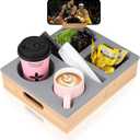 Couch Cup Holder Tray, Couch Caddy with Rotatable Phone Holder, Wooden Sofa Drink Holder with Handle for Bed Car Seat Beach Organizer, Anti-Spill for Snacks Beverage Remote Grey (Gray)