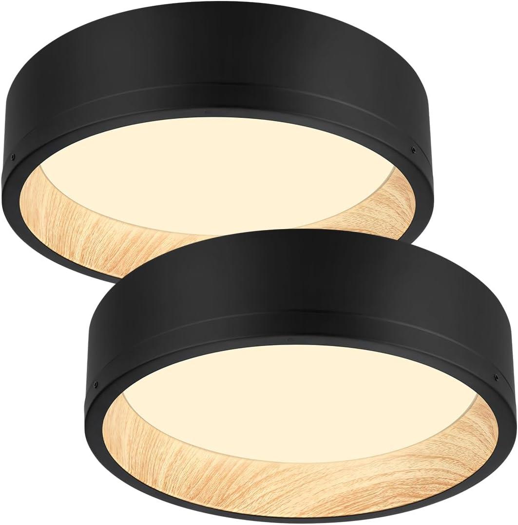 DAKASON 2Pack Black Ceiling Light Flush Mount, Modern LED Ceiling Light Fixture Dimmable with Metal Frame and Wood Painting, 12.5 25W 3/4/5000K CCT Selectable for Kitchen Hallway Dining Living Room