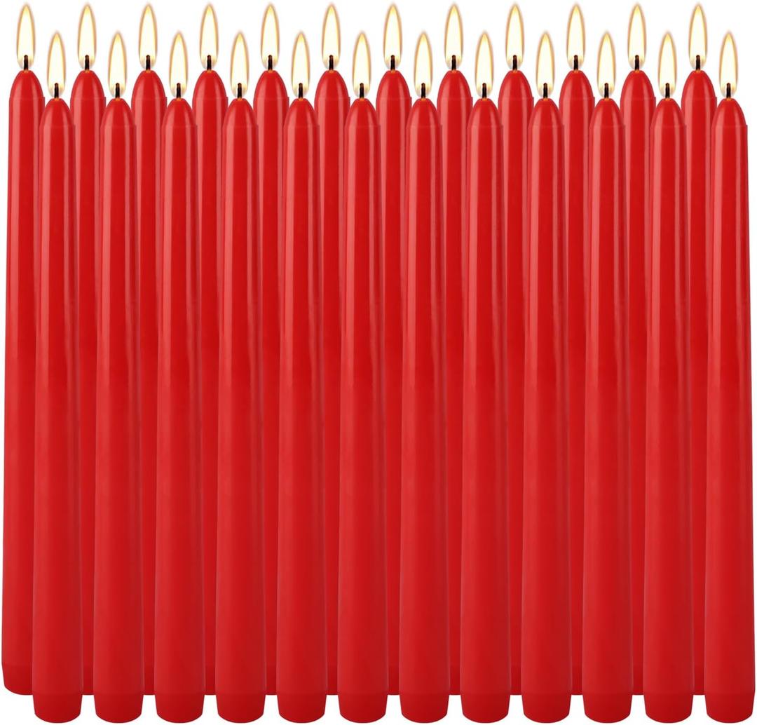 YOROXRG 24 Pack Red Taper Candles, 7-8 Hours Burn Time, Unscented, Smokeless and Dripless, 0.75 x 10 Inch Dinner Candle Set for Christmas, Household, Wedding, Party and Home Décor Candlesticks