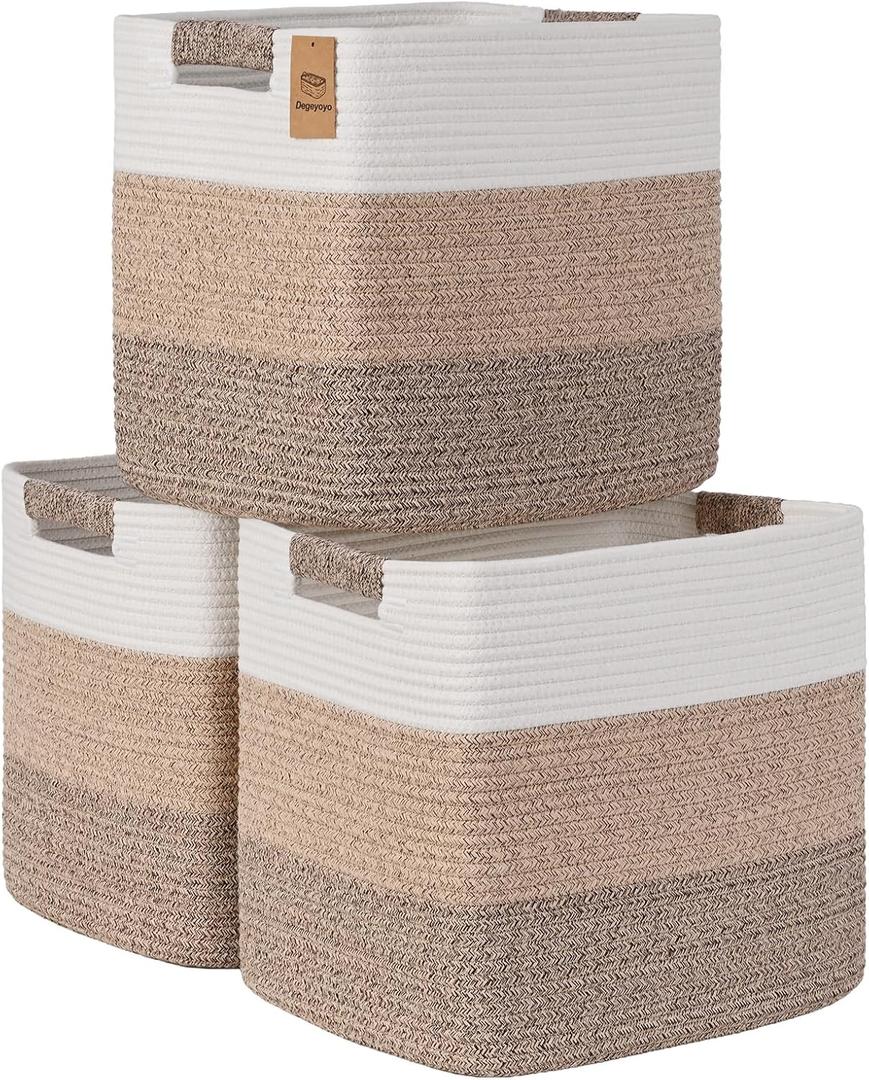 1513 Inch Storage Cubes, 3 Pack Cube Storage Bins for Organizing, Cotton Rope Woven Baskets for Shelves, Bathroom, Kids Room, Closets, Baby Nursery (3PCS - Gradient Jute)