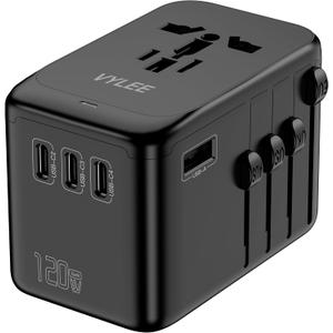 120W Universal Travel Adapter, GaN III International Power Adapter, 4 USB-C 1 USB-A Ports, AC Outlet, Worldwide US/UK/EU/AU Travel Charger for Cameras Laptops Tablets Phones and More