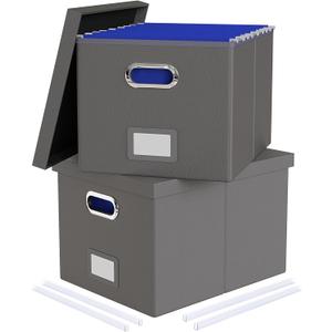 2 Pack File Storage Organizer, Portable File Box with Lid, Fit for Letter/Legal File Folder Storage, Gray(Leather)