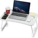 ZEAPTAC Laptop Bed Desk, Foldable Lap Table, Portable Study Table, Laptop Stand with Cup Holder & Tablet Slot & Lifting Handle for Working Writing Drawing & Eating - White